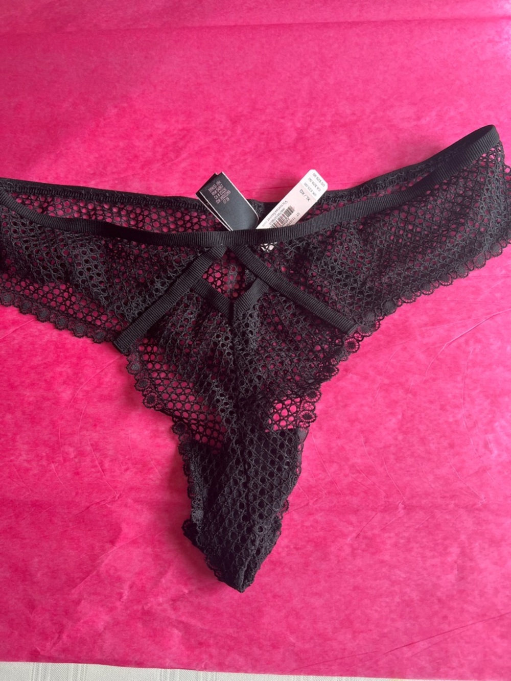 Victoria's Secret Black Lace Mesh Thong with Front Bow NWT